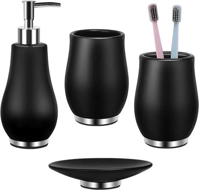 Main image of Bathroom Accessories Set 4 Pcs Toothbrush Holder Soap Dispenser Ceramic Bathroom Accessory Set with Toothbrush Cup Soap Dish Tumbler Black
