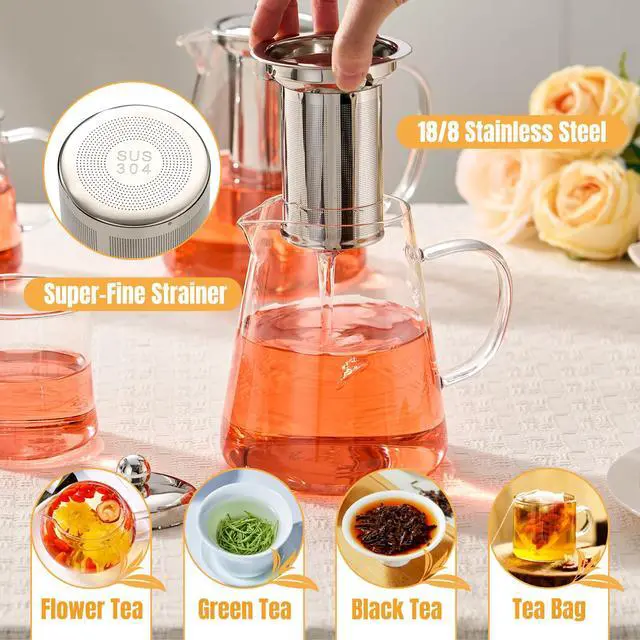 Alt view image 3 of 7 - Glass Teapot 33oz/950ml, Tea Pot with Removable Infusers for Loose Tea, Borosilicate Glass Tea Kettle Tea Maker Stovetop for Camping, Tea Infuser for Loose Leaf Tea Travel