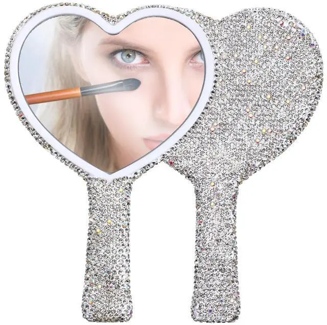 Main image of Rhinestone Handheld Mirror, Heart Shaped Hand Mirror Glitter Cosmetic Portable Cute Travel Makeup Lash for Women Wedding Silver White