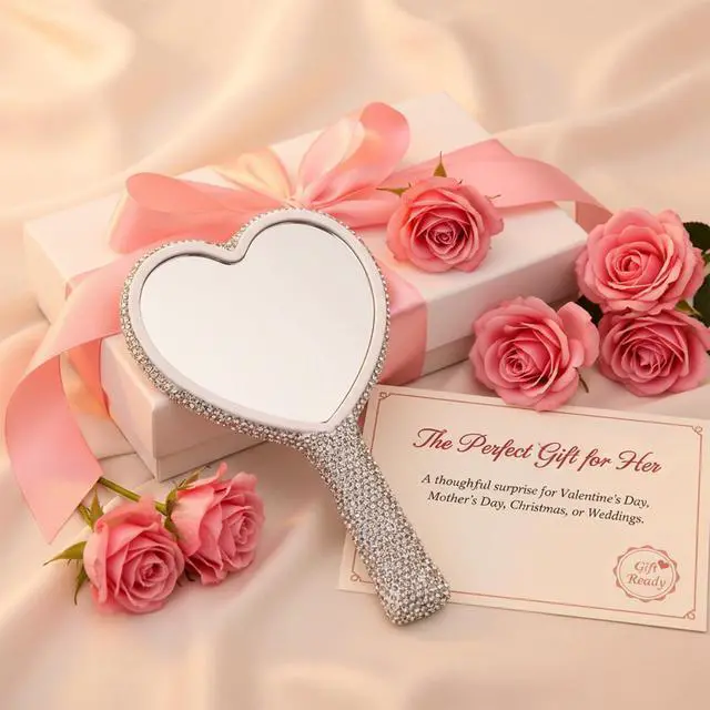 Alt view image 3 of 7 - Rhinestone Handheld Mirror, Heart Shaped Hand Mirror Glitter Cosmetic Portable Cute Travel Makeup Lash for Women Wedding Silver White