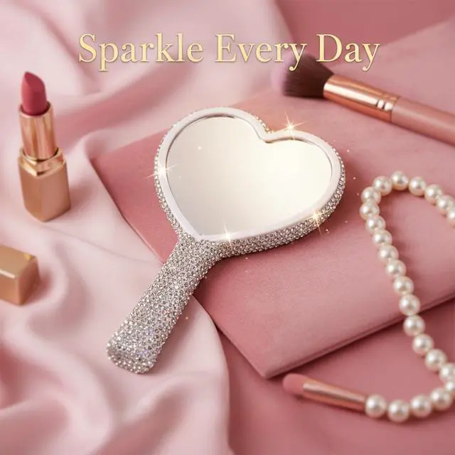 Alt view image 4 of 7 - Rhinestone Handheld Mirror, Heart Shaped Hand Mirror Glitter Cosmetic Portable Cute Travel Makeup Lash for Women Wedding Silver White
