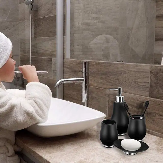Alt view image 6 of 6 - Bathroom Accessories Set 4 Pcs Toothbrush Holder Soap Dispenser Ceramic Bathroom Accessory Set with Toothbrush Cup Soap Dish Tumbler Black