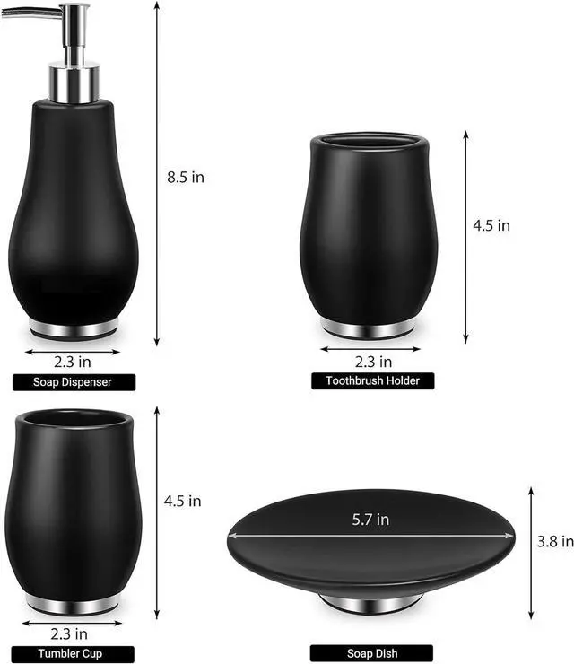 Alt view image 3 of 6 - Bathroom Accessories Set 4 Pcs Toothbrush Holder Soap Dispenser Ceramic Bathroom Accessory Set with Toothbrush Cup Soap Dish Tumbler Black