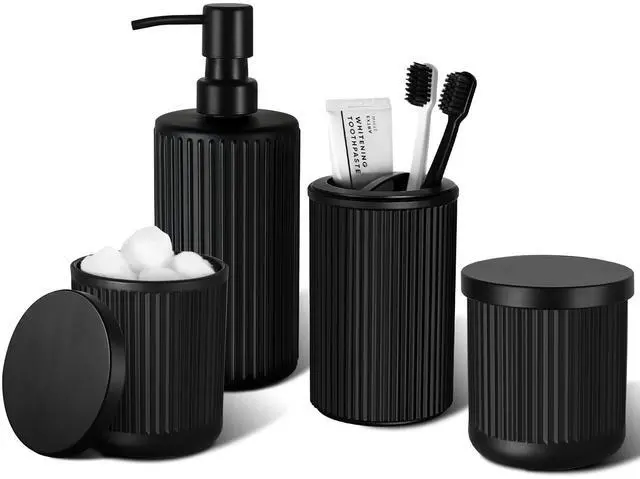 Main image of Matte Black Bathroom Accessories Set, 4 Pcs Glass Bathroom Accessory Set, Soap Dispenser, Toothbrush Holder, Qtip Holder Set, Bathroom Sets Complete, Bathroom Sink Set for Modern Home Decor