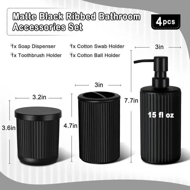 Alt view image 2 of 6 - Matte Black Bathroom Accessories Set, 4 Pcs Glass Bathroom Accessory Set, Soap Dispenser, Toothbrush Holder, Qtip Holder Set, Bathroom Sets Complete, Bathroom Sink Set for Modern Home Decor