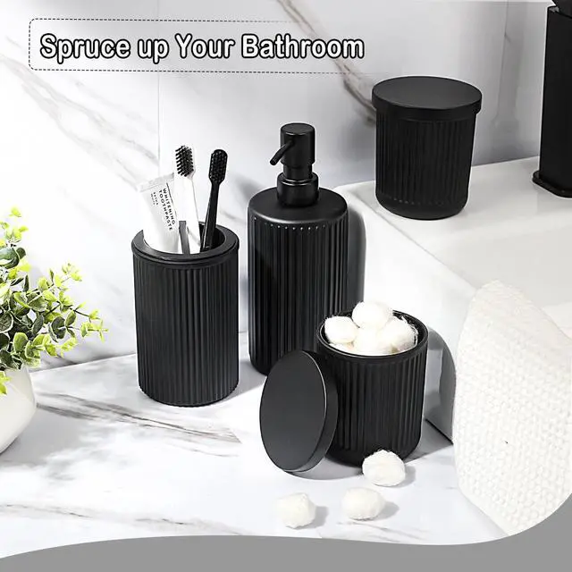 Alt view image 5 of 6 - Matte Black Bathroom Accessories Set, 4 Pcs Glass Bathroom Accessory Set, Soap Dispenser, Toothbrush Holder, Qtip Holder Set, Bathroom Sets Complete, Bathroom Sink Set for Modern Home Decor