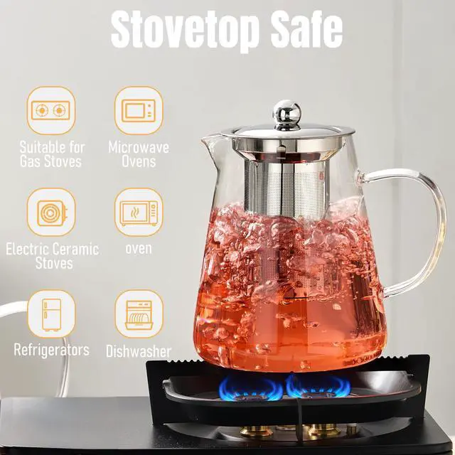 Alt view image 5 of 7 - Glass Teapot 33oz/950ml, Tea Pot with Removable Infusers for Loose Tea, Borosilicate Glass Tea Kettle Tea Maker Stovetop for Camping, Tea Infuser for Loose Leaf Tea Travel