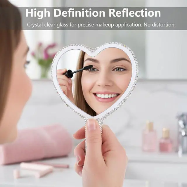Alt view image 6 of 7 - Rhinestone Handheld Mirror, Heart Shaped Hand Mirror Glitter Cosmetic Portable Cute Travel Makeup Lash for Women Wedding Silver White