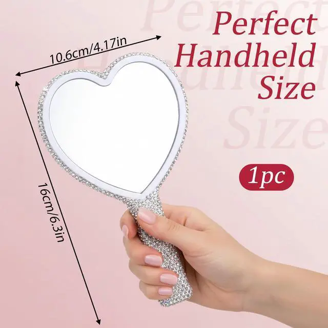 Alt view image 7 of 7 - Rhinestone Handheld Mirror, Heart Shaped Hand Mirror Glitter Cosmetic Portable Cute Travel Makeup Lash for Women Wedding Silver White