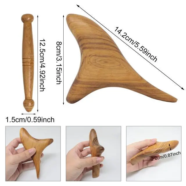 Alt view image 2 of 7 - 2PCS Reflexology Tools Wood Body Massager Triangle Gua Sha Board Scraping Board Foot Massage Stick Tool Head Neck Hand Waist Calf Leg Foot Massager (Camphor Wood)