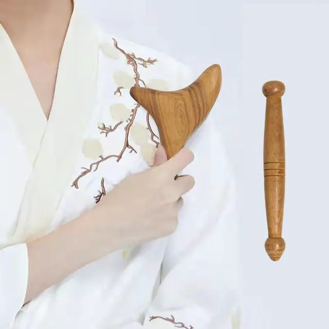 Alt view image 3 of 7 - 2PCS Reflexology Tools Wood Body Massager Triangle Gua Sha Board Scraping Board Foot Massage Stick Tool Head Neck Hand Waist Calf Leg Foot Massager (Camphor Wood)