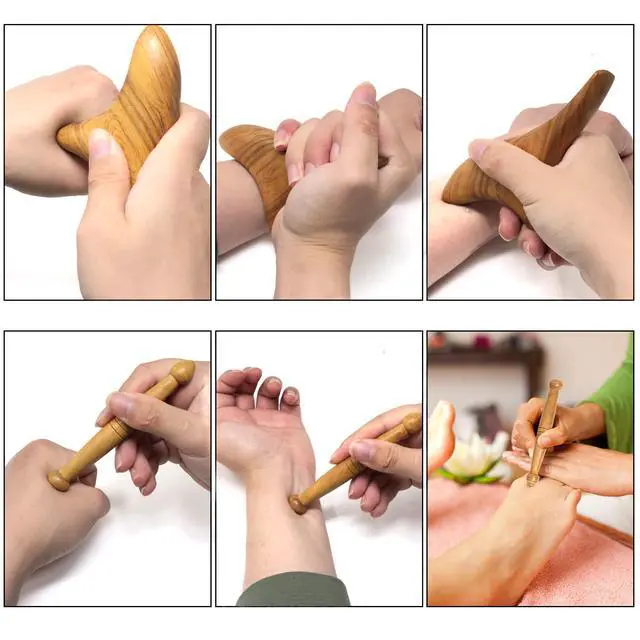 Alt view image 4 of 7 - 2PCS Reflexology Tools Wood Body Massager Triangle Gua Sha Board Scraping Board Foot Massage Stick Tool Head Neck Hand Waist Calf Leg Foot Massager (Camphor Wood)