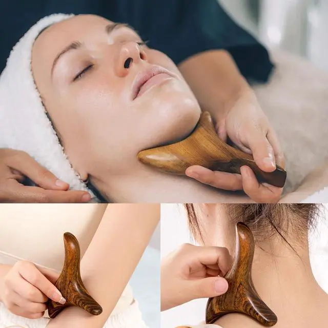 Alt view image 5 of 7 - 2PCS Reflexology Tools Wood Body Massager Triangle Gua Sha Board Scraping Board Foot Massage Stick Tool Head Neck Hand Waist Calf Leg Foot Massager (Camphor Wood)
