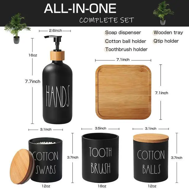 Alt view image 2 of 7 - Matte Black Bathroom Accessories Set, 5 Pcs Glass Bathroom Accessory Set with Bamboo Tray, Soap Dispenser and Toothbrush Holder Set, Qtip Holder Set, Farmhouse Boho Bathroom Set Complete