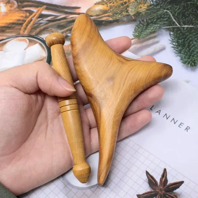 Alt view image 7 of 7 - 2PCS Reflexology Tools Wood Body Massager Triangle Gua Sha Board Scraping Board Foot Massage Stick Tool Head Neck Hand Waist Calf Leg Foot Massager (Camphor Wood)