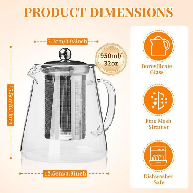 Alt view image 2 of 7 - Glass Teapot with Stainless Steel Infuser, Borosilicate Tea Kettle, Clear Tea Maker for Loose Leaf Tea (950ML)