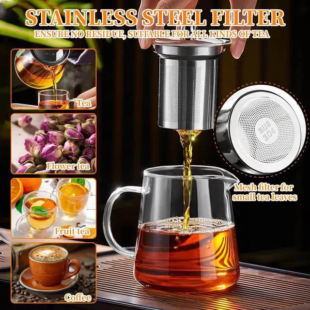 Alt view image 3 of 7 - Glass Teapot with Stainless Steel Infuser, Borosilicate Tea Kettle, Clear Tea Maker for Loose Leaf Tea (950ML)