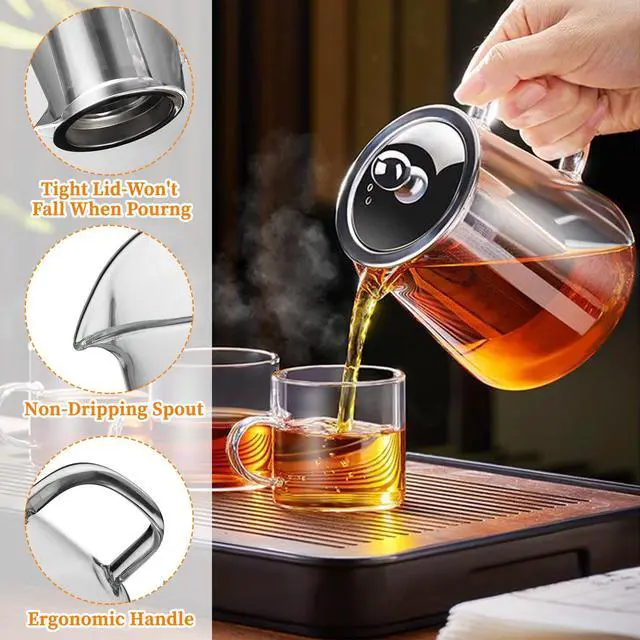 Alt view image 4 of 7 - Glass Teapot with Stainless Steel Infuser, Borosilicate Tea Kettle, Clear Tea Maker for Loose Leaf Tea (950ML)