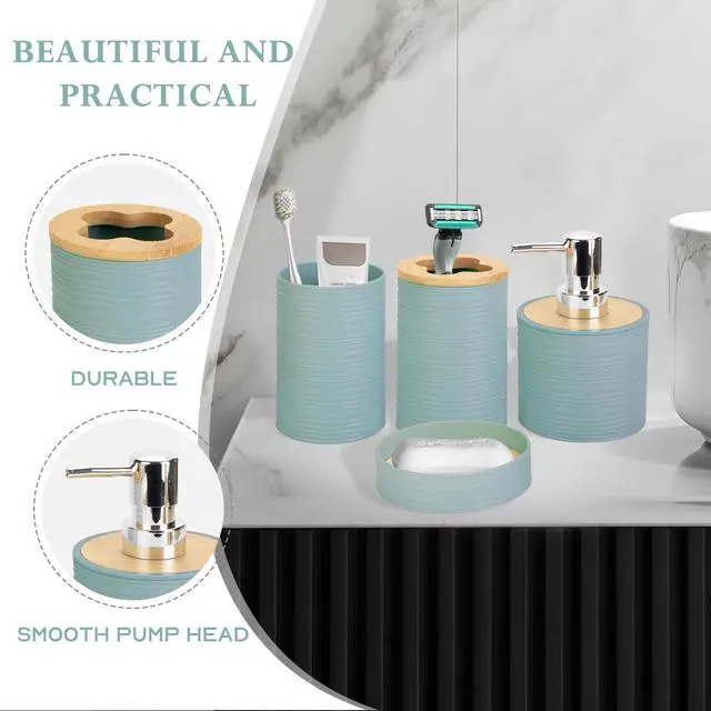 Alt view image 4 of 6 - 4 Pieces Bamboo Bathroom Accessories Set, Bathroom Accessory Set with Soap Dispenser and Toothbrush Holder, Soap Dish and Toothbrush Cup, Boho Bathroom Decor(Aqua)