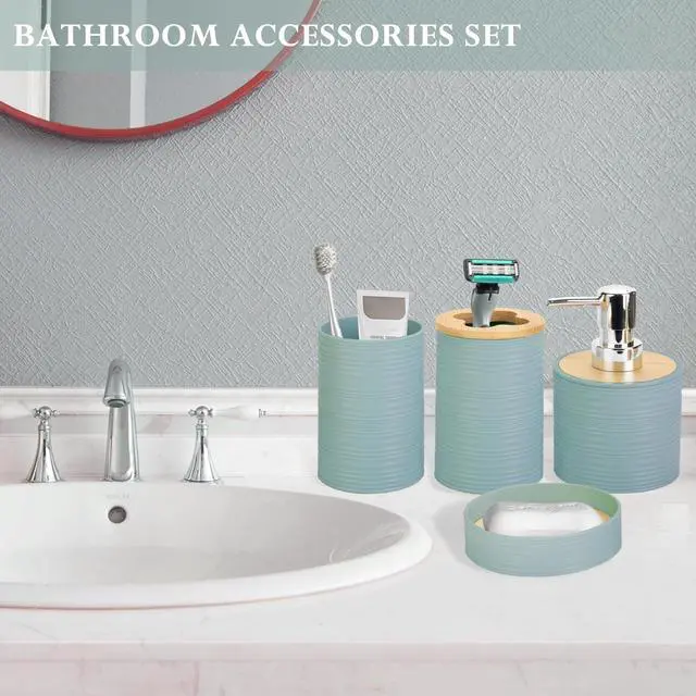 Alt view image 5 of 6 - 4 Pieces Bamboo Bathroom Accessories Set, Bathroom Accessory Set with Soap Dispenser and Toothbrush Holder, Soap Dish and Toothbrush Cup, Boho Bathroom Decor(Aqua)