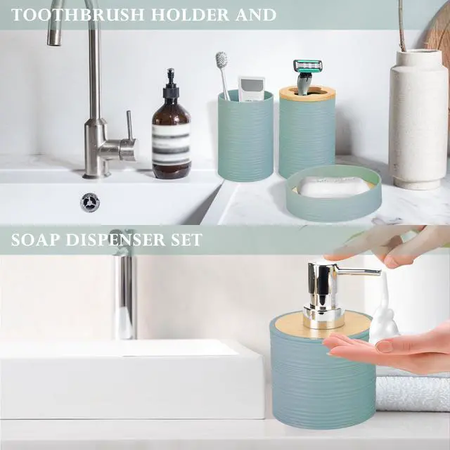 Alt view image 6 of 6 - 4 Pieces Bamboo Bathroom Accessories Set, Bathroom Accessory Set with Soap Dispenser and Toothbrush Holder, Soap Dish and Toothbrush Cup, Boho Bathroom Decor(Aqua)