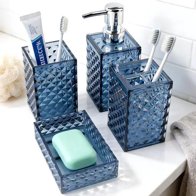 Alt view image 7 of 7 - Bathroom Accessory Set, 4 PCS Blue Bathroom Accessories Set, Soap Dispenser and Toothbrush Holder Set, Soap Dish and Mouthwash Cup, Bathroom Decor, Bathroom Sets Accessories