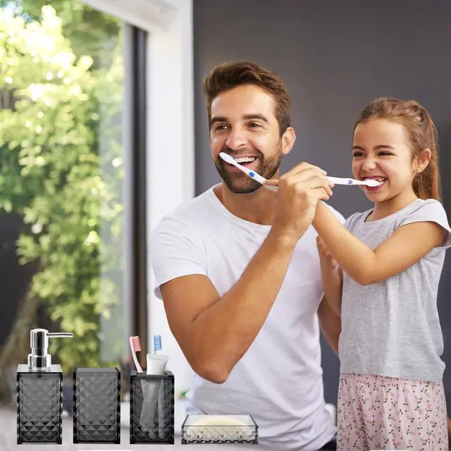 Alt view image 4 of 6 - Bathroom Accessory Set, 4 PCS Grey Bathroom Accessories Set, Soap Dispenser and Toothbrush Holder Set, Soap Dish and Mouthwash Cup, Boho Bathroom Decor, Plastic Bathroom Sets Accessories