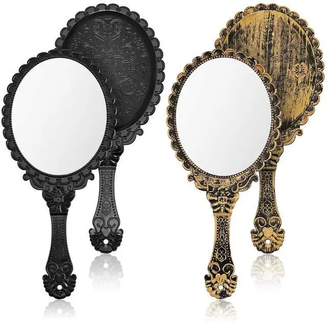 Main image of Vintage Handheld Mirrors, 2 Pieces, Black, Bronze, Oval Shaped, Portable, Compact, with Handle, Ideal for Makeup, Hair Styling, Skin Care, Hanging as Decor