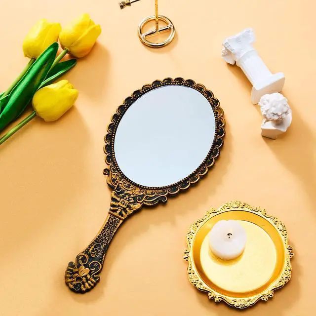 Alt view image 6 of 6 - Vintage Handheld Mirrors, 2 Pieces, Black, Bronze, Oval Shaped, Portable, Compact, with Handle, Ideal for Makeup, Hair Styling, Skin Care, Hanging as Decor