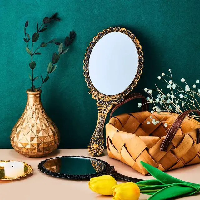 Alt view image 4 of 6 - Vintage Handheld Mirrors, 2 Pieces, Black, Bronze, Oval Shaped, Portable, Compact, with Handle, Ideal for Makeup, Hair Styling, Skin Care, Hanging as Decor