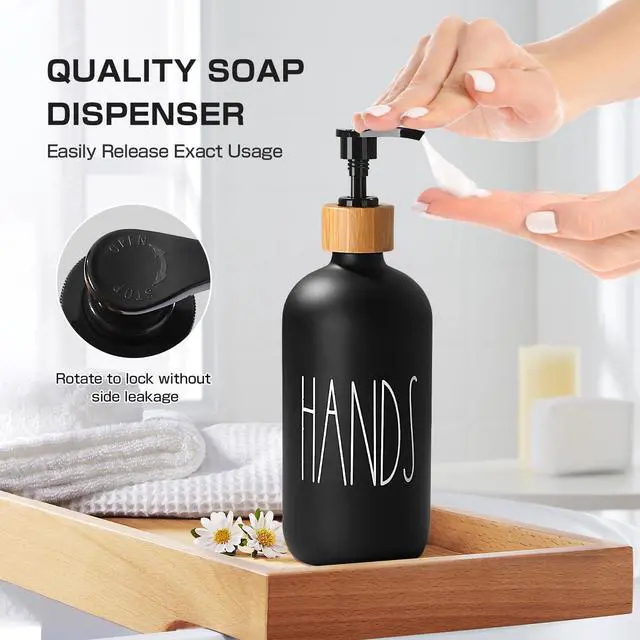 Alt view image 3 of 7 - Matte Black Bathroom Accessories Set, 5 Pcs Glass Bathroom Accessory Set with Bamboo Tray, Soap Dispenser and Toothbrush Holder Set, Qtip Holder Set, Farmhouse Boho Bathroom Set Complete