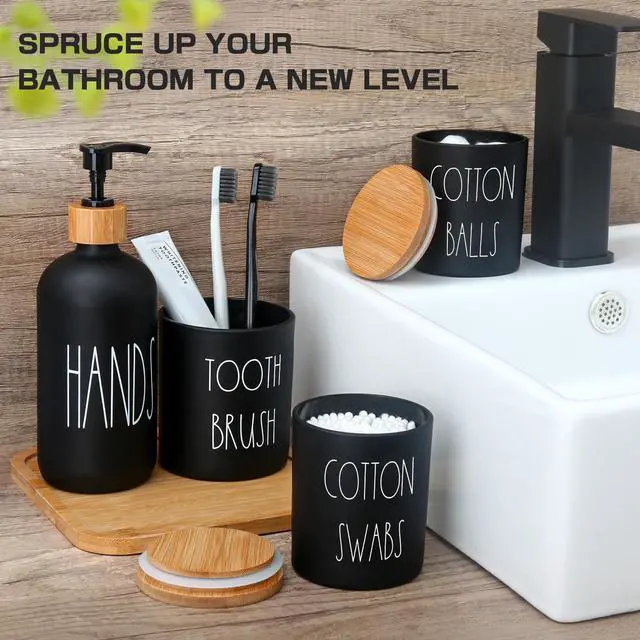 Alt view image 5 of 7 - Matte Black Bathroom Accessories Set, 5 Pcs Glass Bathroom Accessory Set with Bamboo Tray, Soap Dispenser and Toothbrush Holder Set, Qtip Holder Set, Farmhouse Boho Bathroom Set Complete