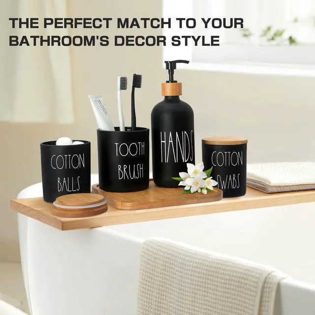 Alt view image 6 of 7 - Matte Black Bathroom Accessories Set, 5 Pcs Glass Bathroom Accessory Set with Bamboo Tray, Soap Dispenser and Toothbrush Holder Set, Qtip Holder Set, Farmhouse Boho Bathroom Set Complete