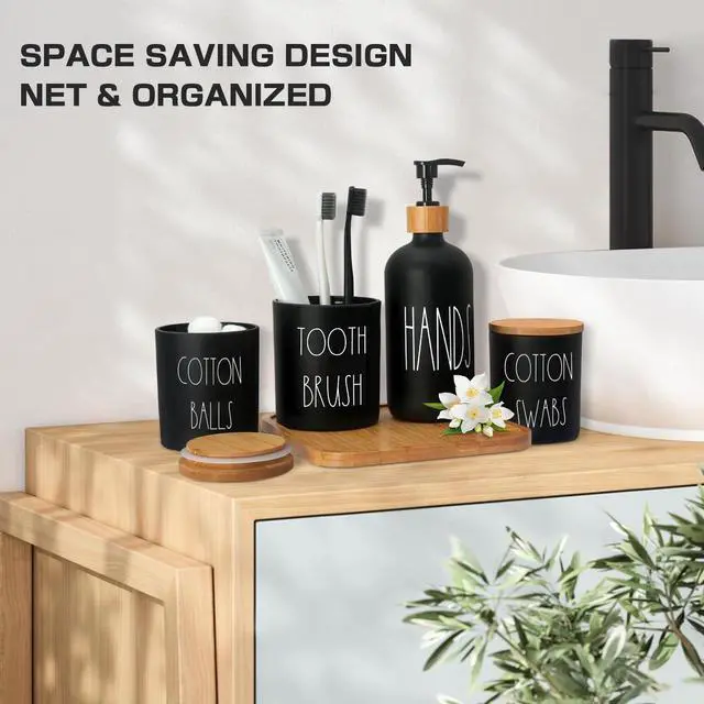 Alt view image 7 of 7 - Matte Black Bathroom Accessories Set, 5 Pcs Glass Bathroom Accessory Set with Bamboo Tray, Soap Dispenser and Toothbrush Holder Set, Qtip Holder Set, Farmhouse Boho Bathroom Set Complete