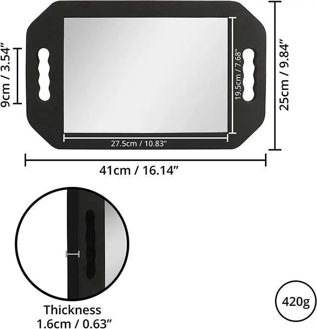 Alt view image 6 of 6 - Large Rectangular Hand Mirror with Double Handle, Salon-Grade, Black Foam Frame, 16"L x 9.8"W, Floor Mount, Modern Style