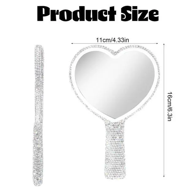 Alt view image 2 of 7 - Large Heart Handheld Mirror with Handle 6.3x4.3 Inch Glitter Rhinestone Hand Held Mirror Portable Travel Cosmetic Lash Mirror for Women Wedding Birthday Valentine's Day Gift