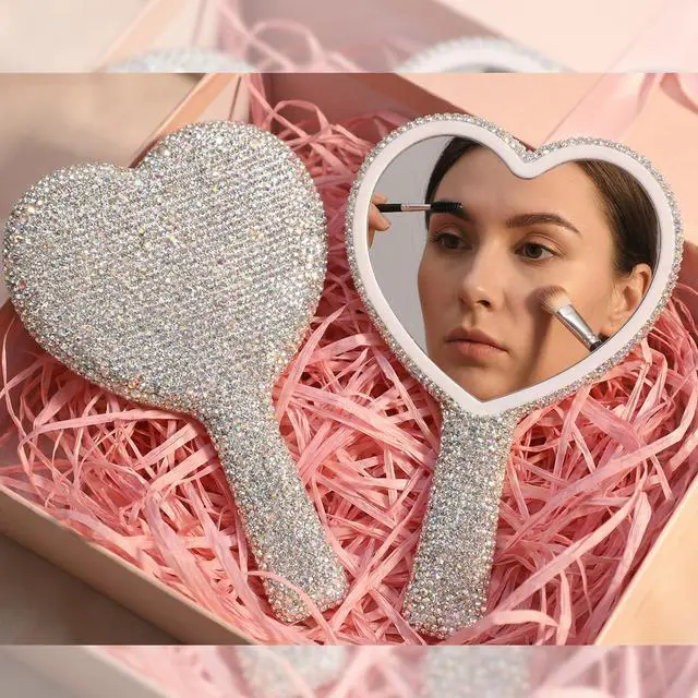 Alt view image 3 of 7 - Large Heart Handheld Mirror with Handle 6.3x4.3 Inch Glitter Rhinestone Hand Held Mirror Portable Travel Cosmetic Lash Mirror for Women Wedding Birthday Valentine's Day Gift