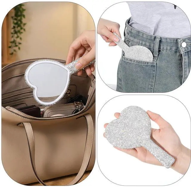 Alt view image 4 of 7 - Large Heart Handheld Mirror with Handle 6.3x4.3 Inch Glitter Rhinestone Hand Held Mirror Portable Travel Cosmetic Lash Mirror for Women Wedding Birthday Valentine's Day Gift