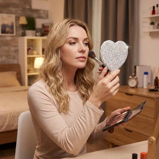 Alt view image 5 of 7 - Large Heart Handheld Mirror with Handle 6.3x4.3 Inch Glitter Rhinestone Hand Held Mirror Portable Travel Cosmetic Lash Mirror for Women Wedding Birthday Valentine's Day Gift