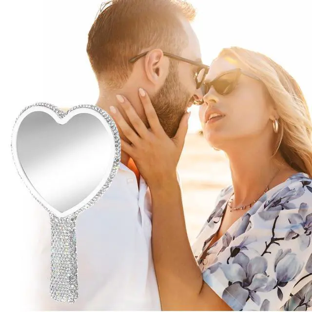 Alt view image 6 of 7 - Large Heart Handheld Mirror with Handle 6.3x4.3 Inch Glitter Rhinestone Hand Held Mirror Portable Travel Cosmetic Lash Mirror for Women Wedding Birthday Valentine's Day Gift