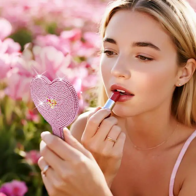Alt view image 2 of 7 - Sparkly Heart Hand Mirror with Rhinestones - Pink Large 7.1x5.1 HD Handheld Mirror - Shiny Heart Shaped Makeup Mirror for Vanity, Travel, Salon -Gifts for Women, Teens, Bridesmaids