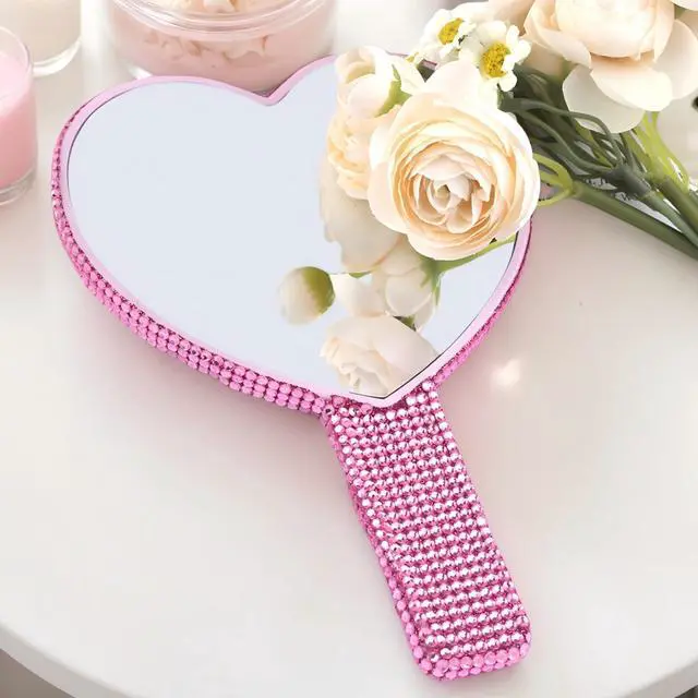 Alt view image 3 of 7 - Sparkly Heart Hand Mirror with Rhinestones - Pink Large 7.1x5.1 HD Handheld Mirror - Shiny Heart Shaped Makeup Mirror for Vanity, Travel, Salon -Gifts for Women, Teens, Bridesmaids