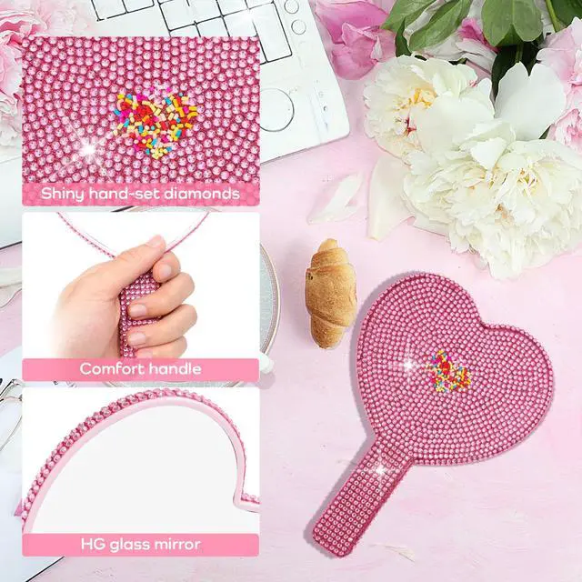 Alt view image 5 of 7 - Sparkly Heart Hand Mirror with Rhinestones - Pink Large 7.1x5.1 HD Handheld Mirror - Shiny Heart Shaped Makeup Mirror for Vanity, Travel, Salon -Gifts for Women, Teens, Bridesmaids