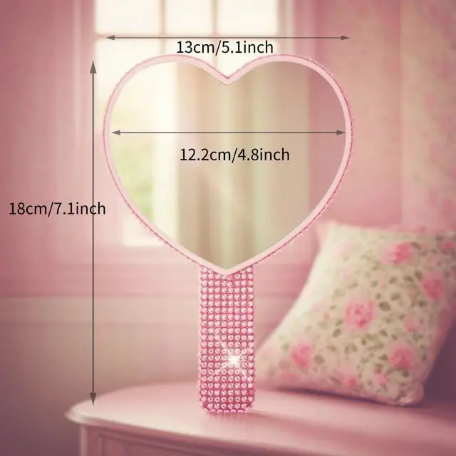 Alt view image 7 of 7 - Sparkly Heart Hand Mirror with Rhinestones - Pink Large 7.1x5.1 HD Handheld Mirror - Shiny Heart Shaped Makeup Mirror for Vanity, Travel, Salon -Gifts for Women, Teens, Bridesmaids