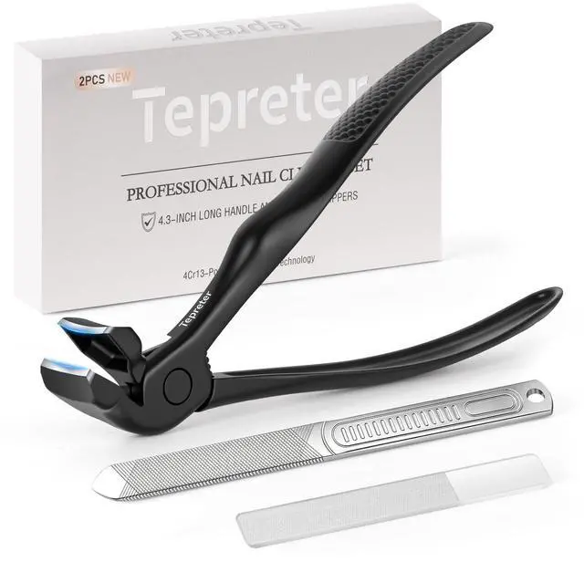 Main image of Ergonomic Long Handle Toenail Clippers for Seniors, 4.75 Inches Angled Head Curve Wide Jaw Opening Nail Clippers for Thick Nails with Meta and Glass Nail File, Fingernail Cutter with Catcher, 3Pcs