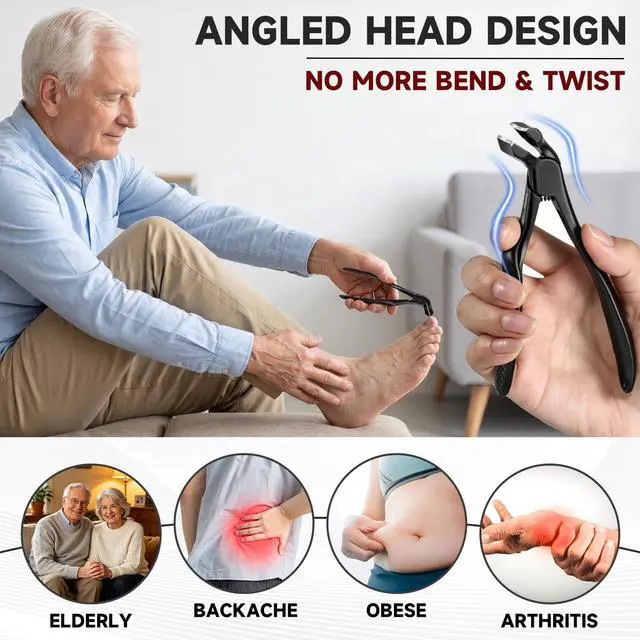 Alt view image 2 of 7 - Ergonomic Long Handle Toenail Clippers for Seniors, 4.75 Inches Angled Head Curve Wide Jaw Opening Nail Clippers for Thick Nails with Meta and Glass Nail File, Fingernail Cutter with Catcher, 3Pcs