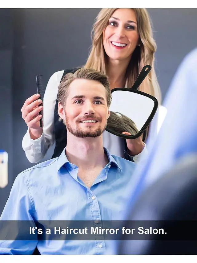 Alt view image 5 of 6 - Hand Mirror, 10.3" L x 7.4" W Salon Barber Hairdressing Handheld Mirror with Handle, Square Black