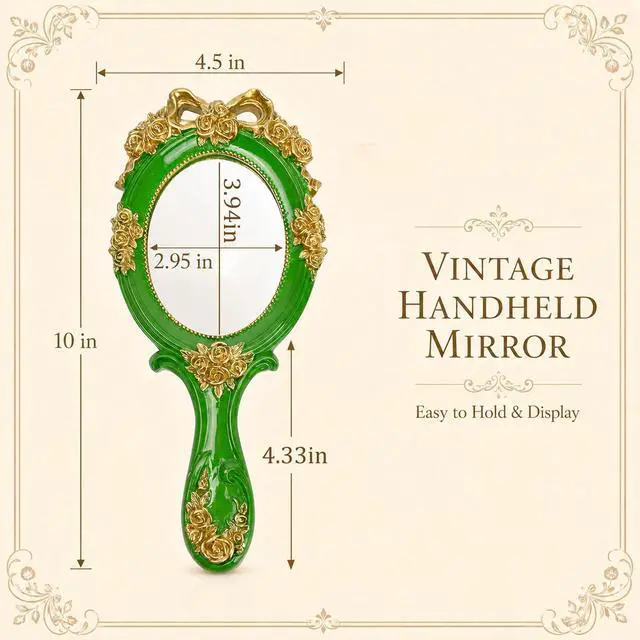 Alt view image 2 of 7 - Handheld Mirror Vanity Makeup Mirror Travel Princess Metal Cosmetic Mirror Portable Oval Embossed Rose Mirrors Decorative Desk Girl Student Vintage Beautiful Handle Mirrors Green