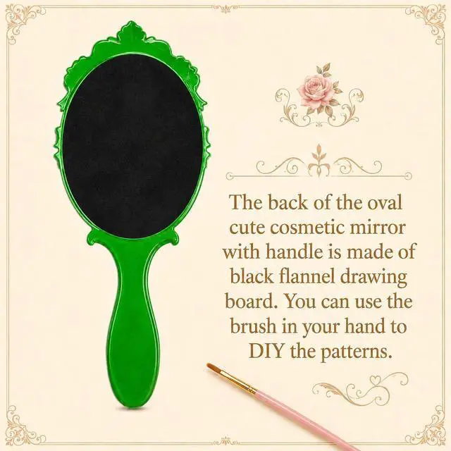 Alt view image 3 of 7 - Handheld Mirror Vanity Makeup Mirror Travel Princess Metal Cosmetic Mirror Portable Oval Embossed Rose Mirrors Decorative Desk Girl Student Vintage Beautiful Handle Mirrors Green
