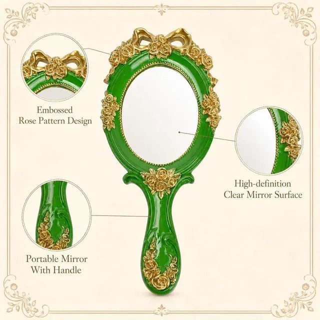 Alt view image 4 of 7 - Handheld Mirror Vanity Makeup Mirror Travel Princess Metal Cosmetic Mirror Portable Oval Embossed Rose Mirrors Decorative Desk Girl Student Vintage Beautiful Handle Mirrors Green